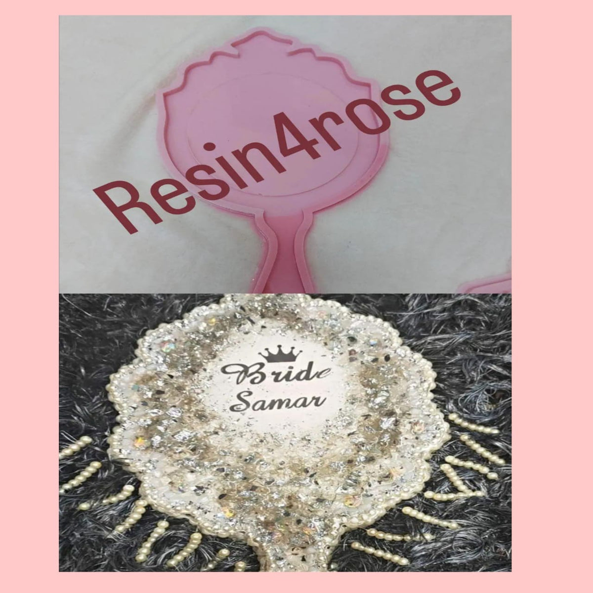 This silicone mold is designed in the shape of a classic hand mirror. The top features a decorative wavy edge and crown-like details at the apex, making it ideal for creating luxurious personalized gifts or unique decorative pieces for a vanity.