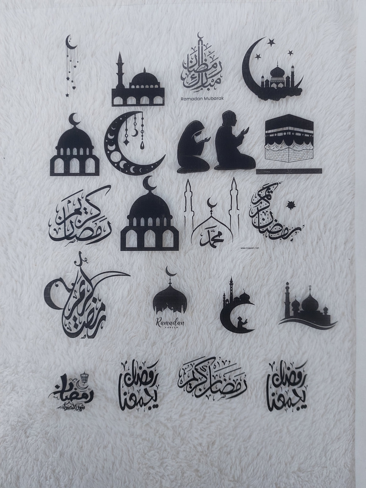 Print Ramadan designs on transparent paper or stickers, including a variety of Islamic fonts and phrases