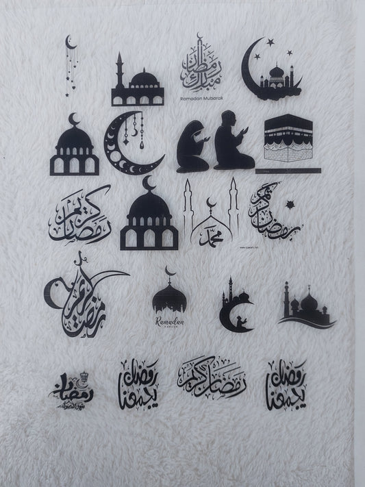 Print Ramadan designs on transparent paper or stickers, including a variety of Islamic fonts and phrases
