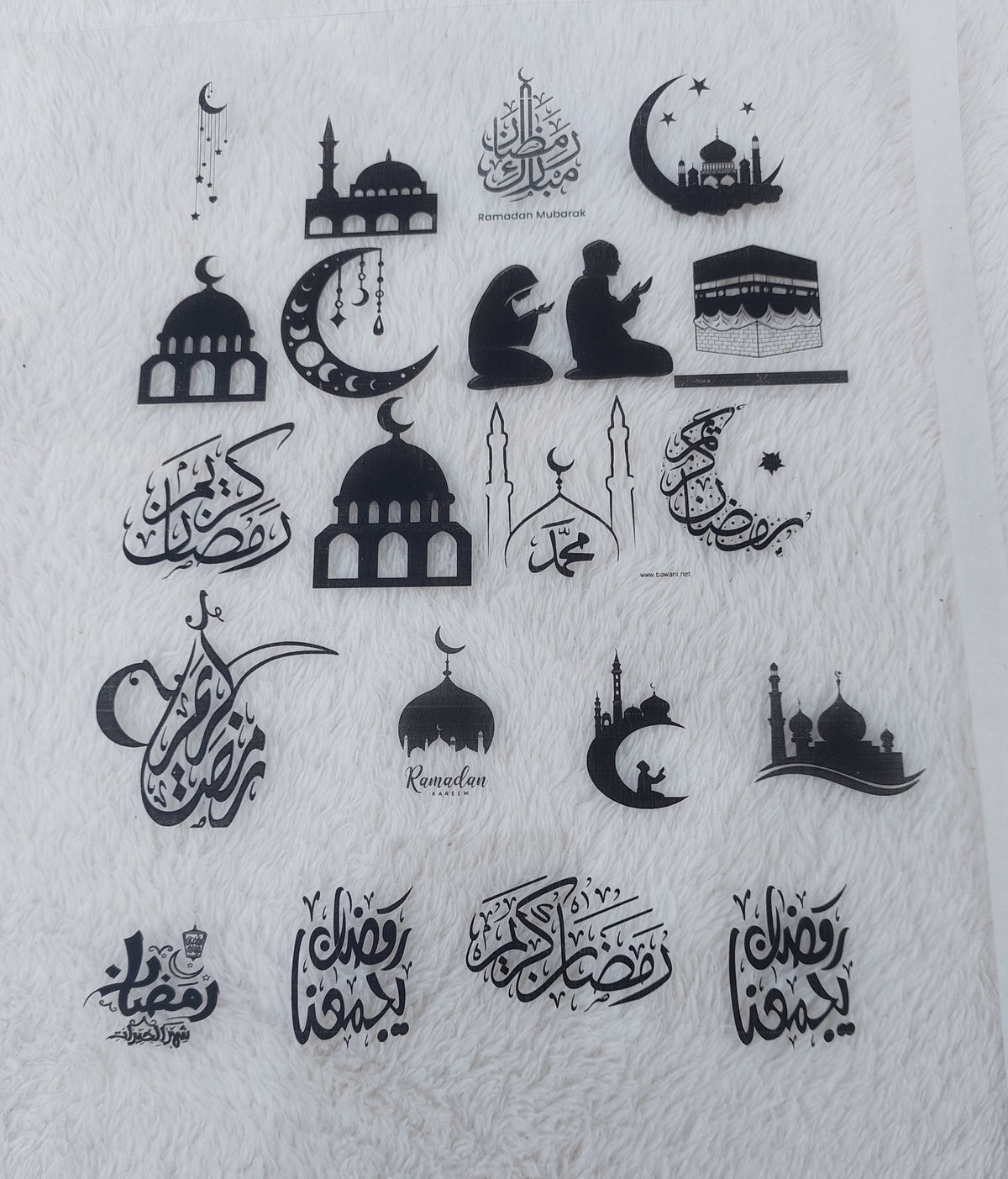 Print Ramadan designs on transparent paper or stickers, including a variety of Islamic fonts and phrases