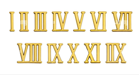 A complete set of indicators consisting of Roman numerals from 1 to 12, designed in a luxurious classic style, intended for decorating and timekeeping in handmade watches and works of art