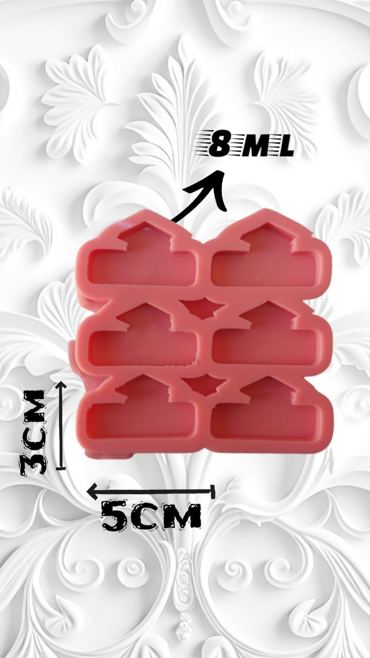 A silicone mold with 6 interconnected cavities, each shaped like a small house or cottage, designed for crafts with a unique geometric design. Dimensions: 3 x 5 cm