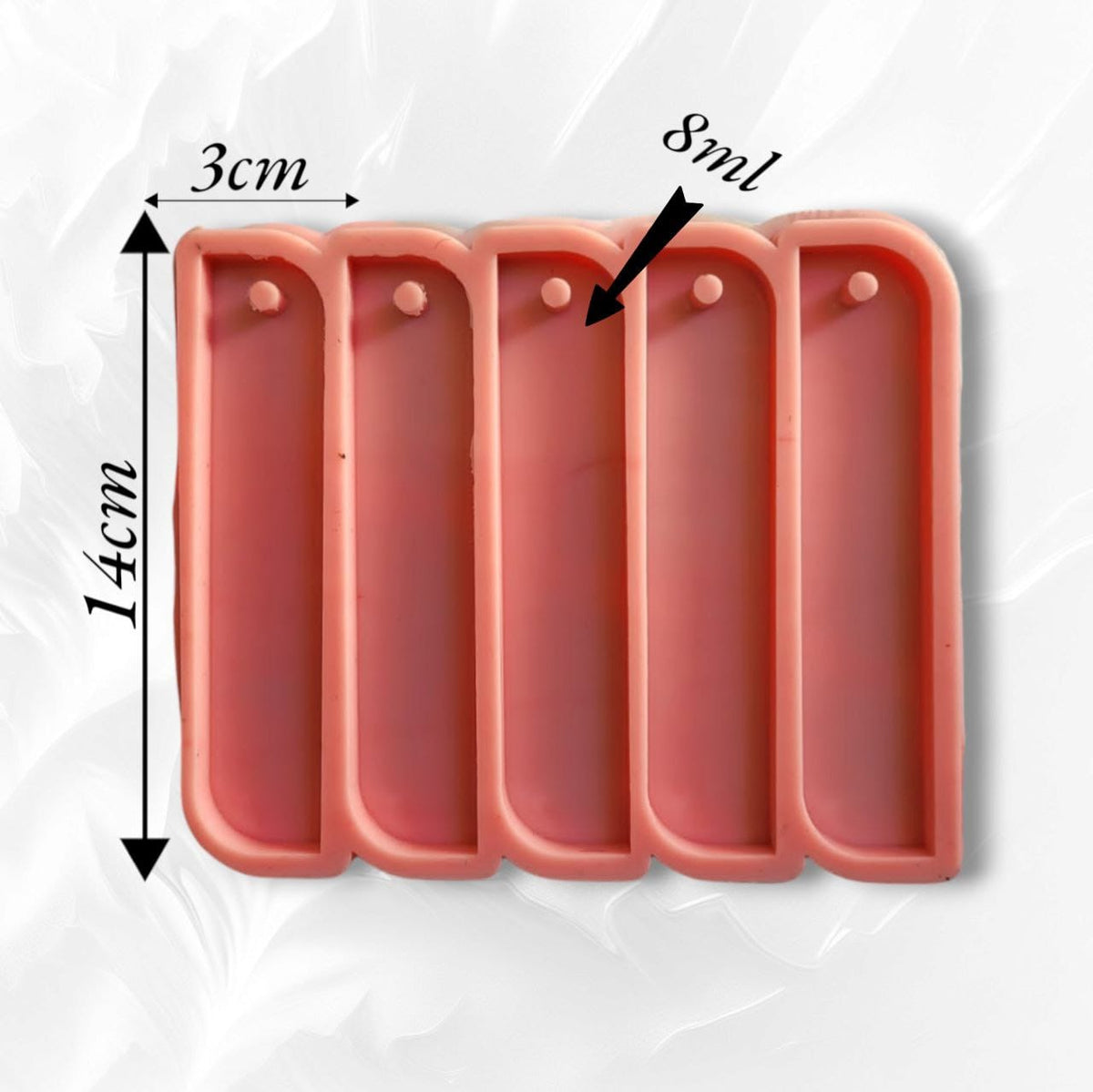 A silicone mold specially designed for making bookmarks using resin, wax, plaster, or ceramic; it contains 5 cavities in one mold. size 14*3 cm