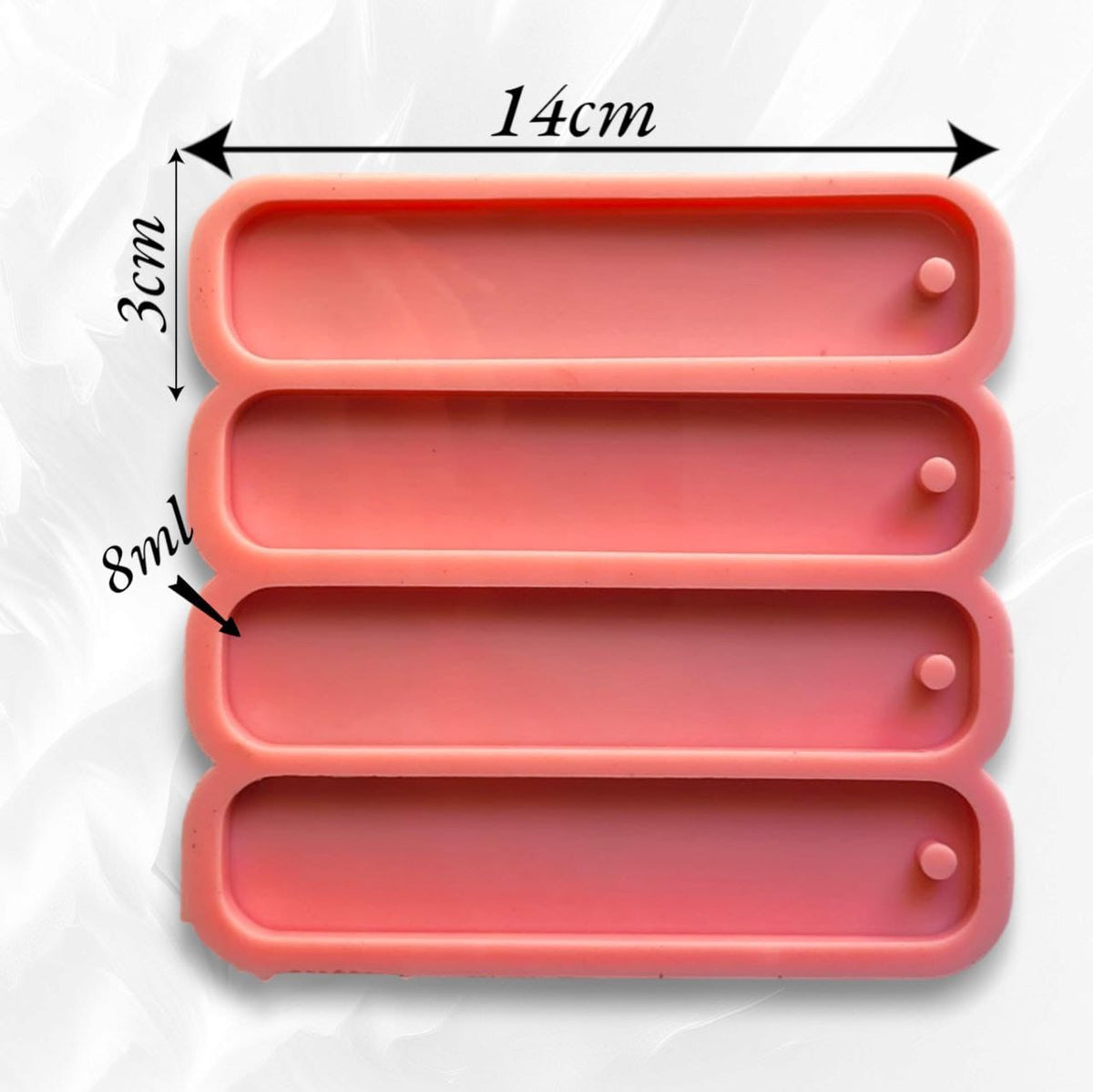 A silicone mold specially designed for making bookmarks using resin, wax, plaster, or ceramic; it contains four cavities in one mold. size 14*3 cm