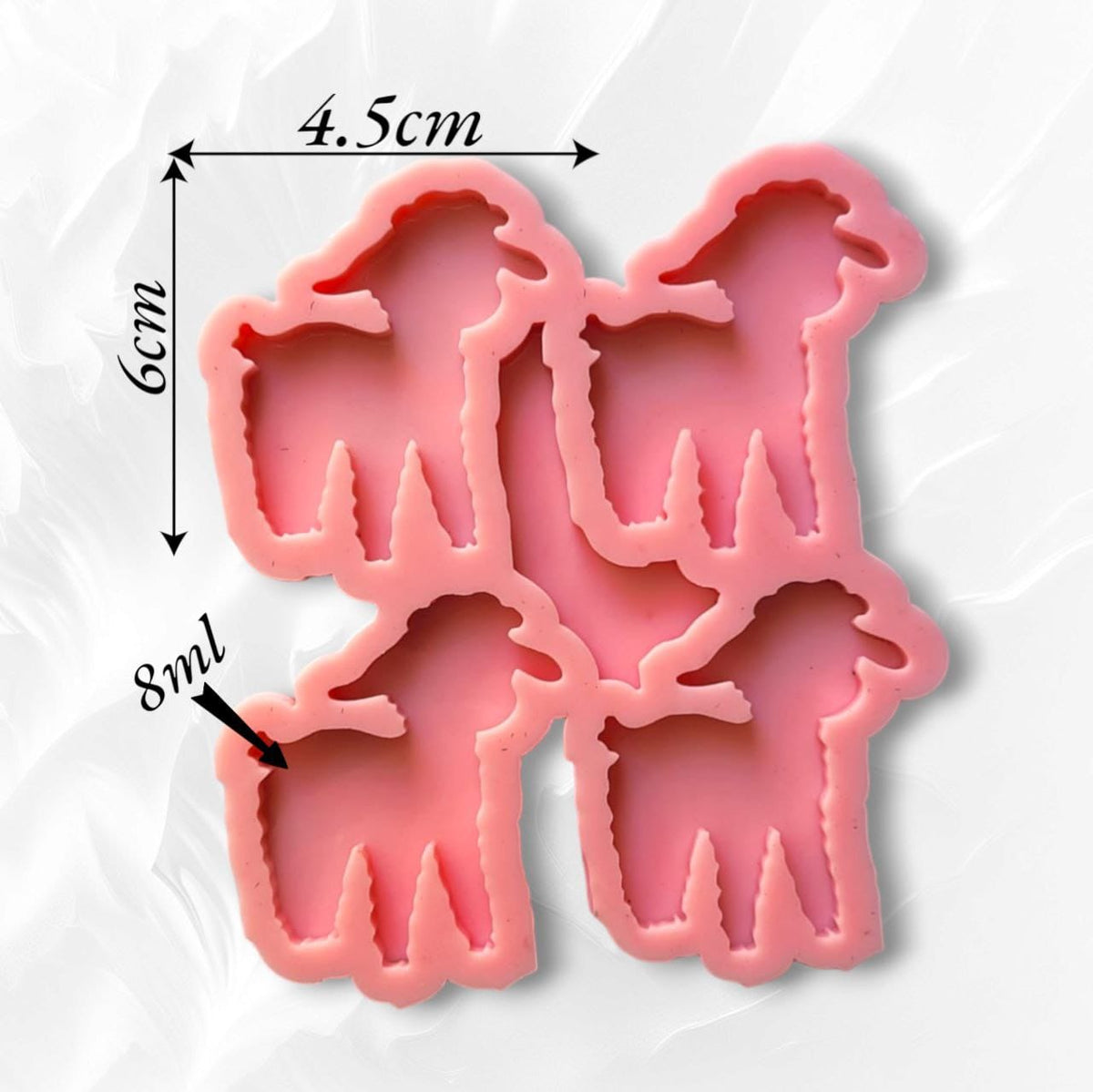 A silicone mold with 5 identical sheep-shaped cavities, designed for creating artistic shapes and suitable for crafts such as casting resin, wax, or plaster. size 4.5*6 cm