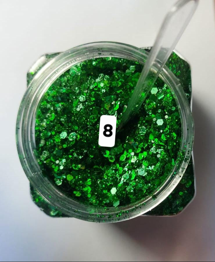 Assorted coarse glitter for decoration and use with epoxy resin, plaster, and candles.