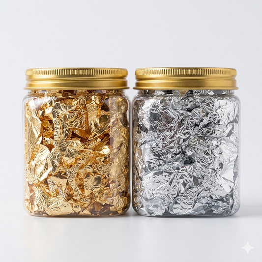 Bottles of metal foil, in gold and silver colors,  wedding decoration and Christmas - resin art for resin, wax and multifunctional concret for handicrafts, for commercial use