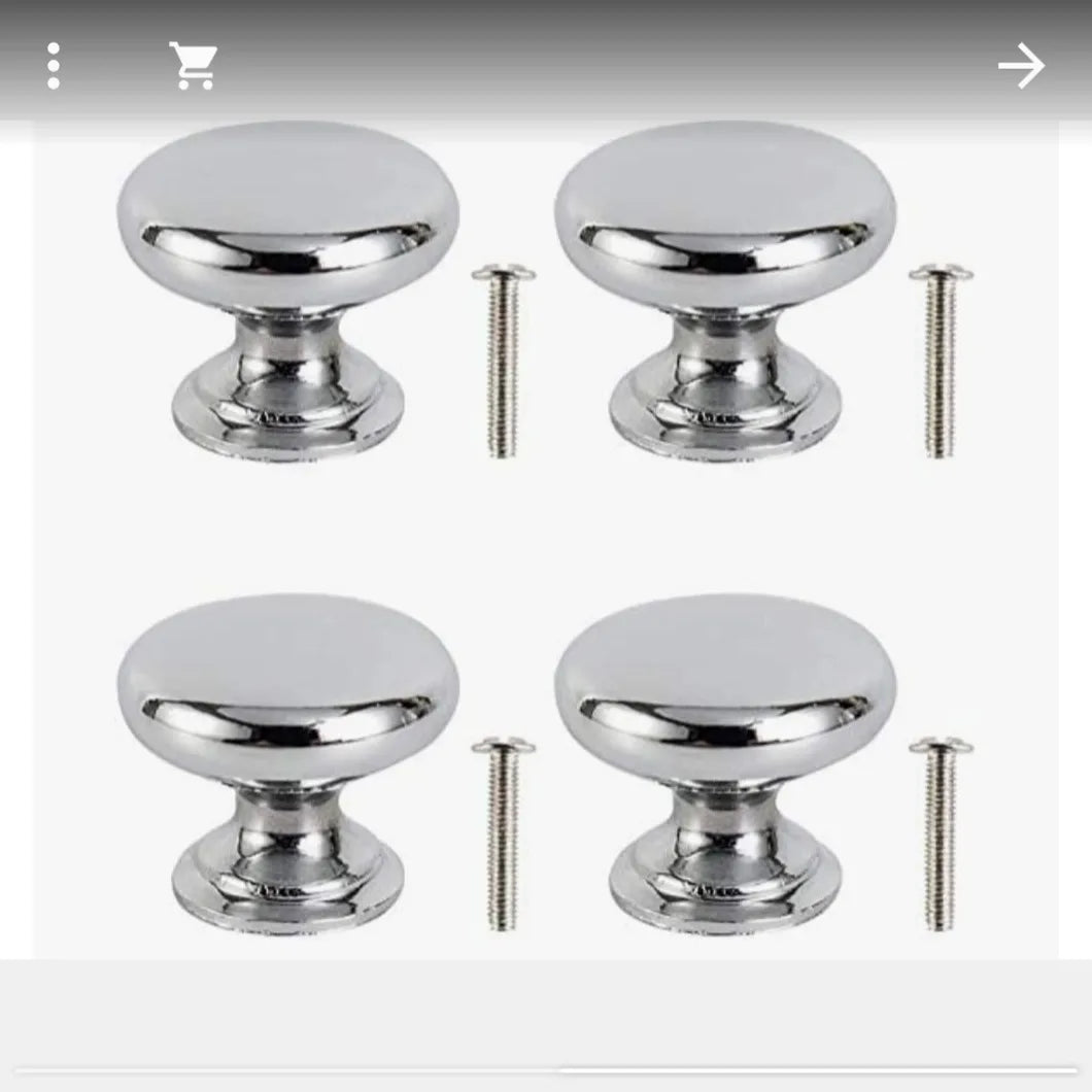 A set of 4 round metal handles with their screws. These handles are primarily used for drawers and cabinets, as "handles" for resin or wooden serving trays, or as legs and bases for raising large boxes