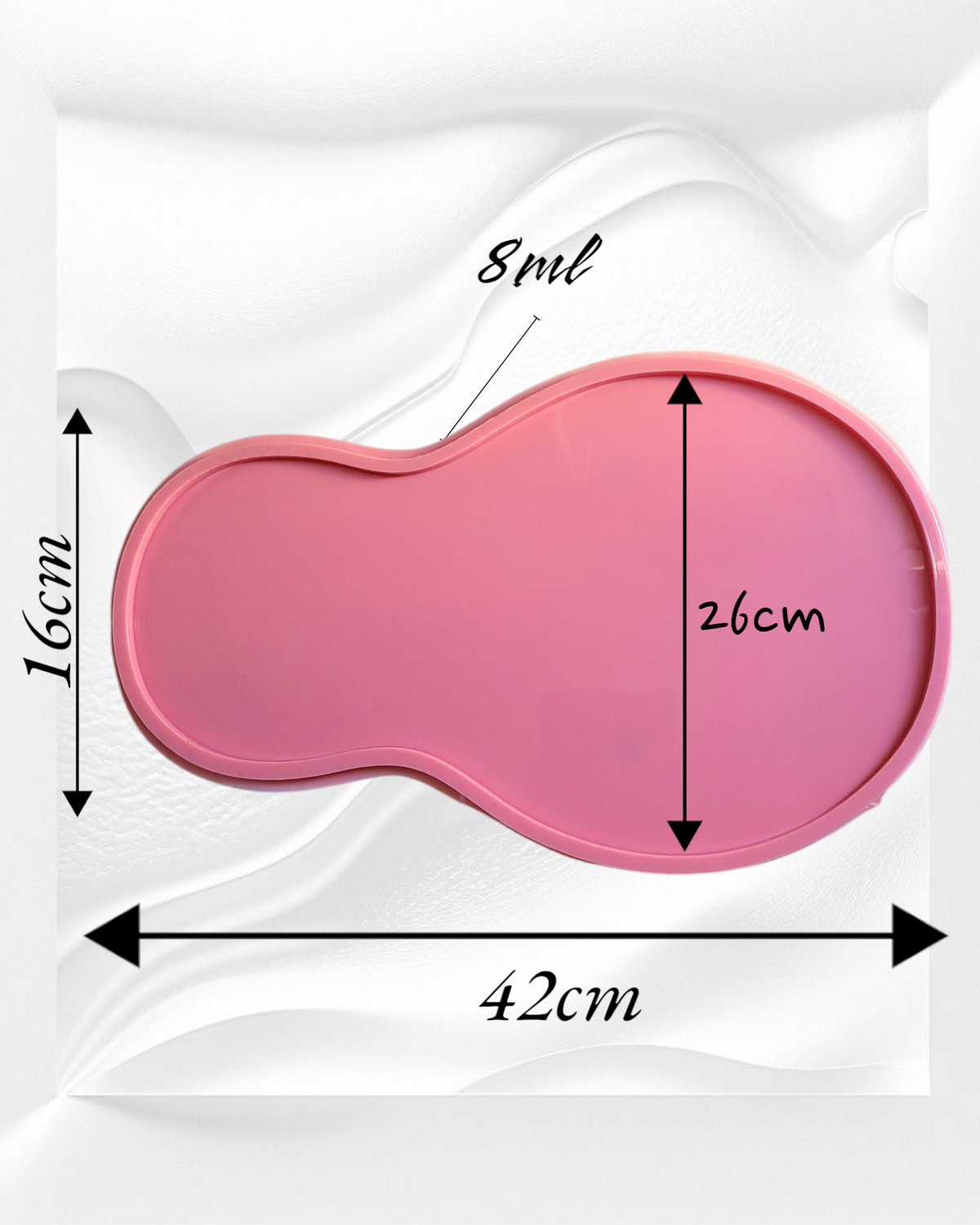 This silicone mold features a curved design consisting of two connected circular parts: a smaller part on the left and a much larger part on the right, resembling a pear or the number 8. The total width is 42mm and the depth is 8mm.
