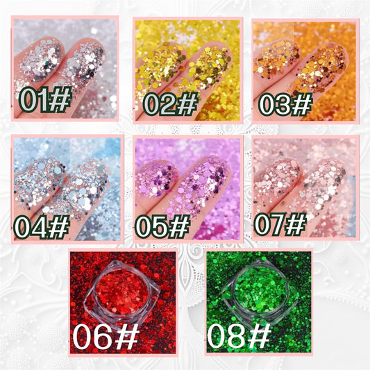 Assorted coarse glitter for decoration and use with epoxy resin, plaster, and candles.