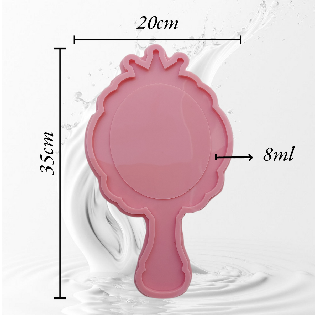 This silicone mold is designed in the shape of a classic hand mirror. The top features a decorative wavy edge and crown-like details at the apex, making it ideal for creating luxurious personalized gifts or unique decorative pieces for a vanity.
