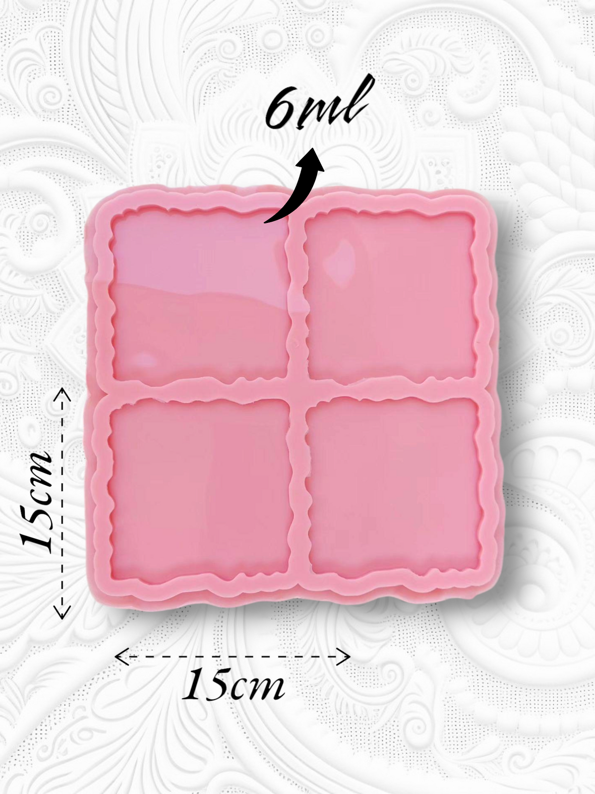 A generally square silicone mold, internally divided into four square cavities. The edges of the cavities are irregular or "wavy." Size: 15 cm Depth: 6 mm