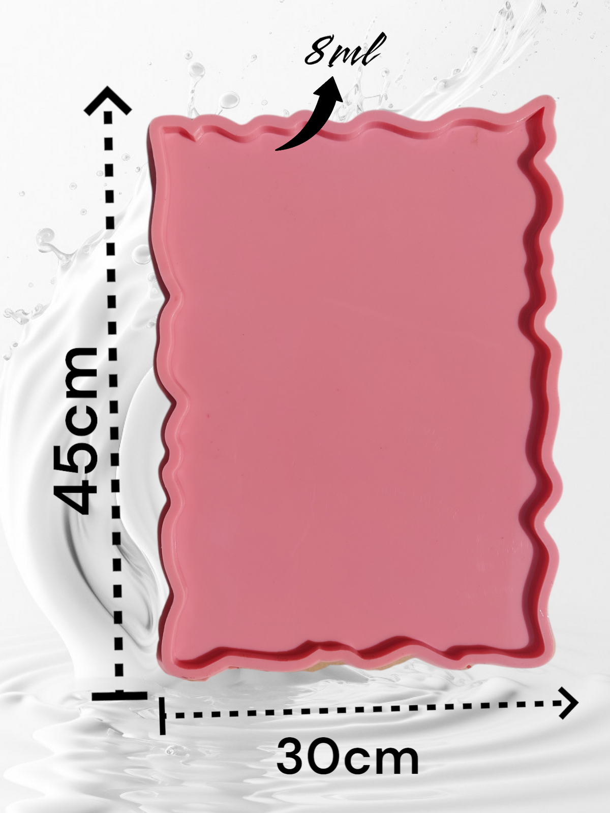 Rectangular silicone mold with irregular, wavy edges, designed for crafts. Length: 45 cm. Width: 30 cm Depth: 8 ml