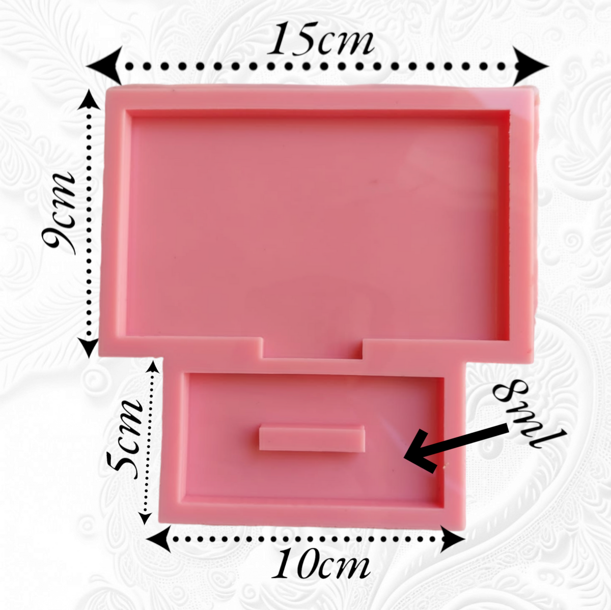 A silicone mold consisting of two integrated pieces to create a model and base for making commemorative plaques or small honorary shields, designing custom desk decorations, or gifts for occasions such as graduation and success