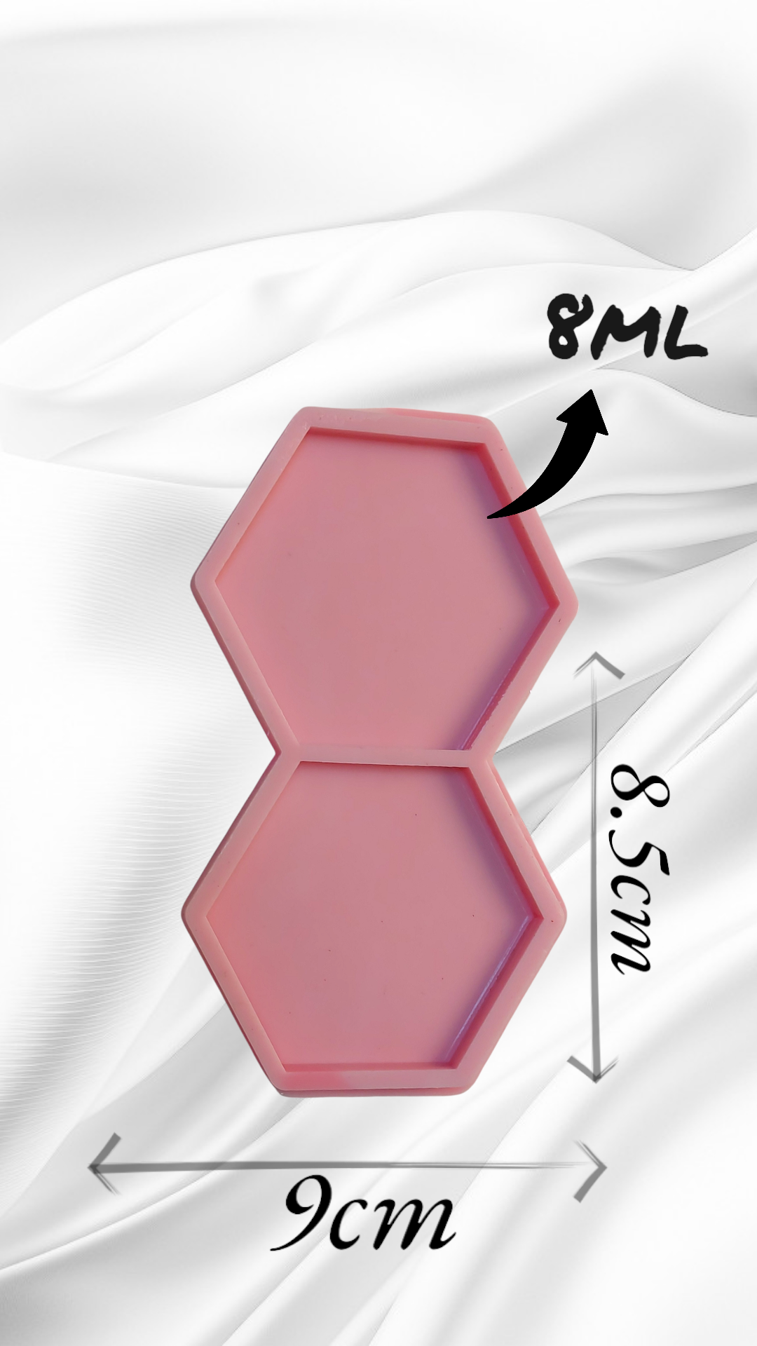 A silicone mold featuring a geometric shape consisting of two hexagonal cavities, available in two different sizes.