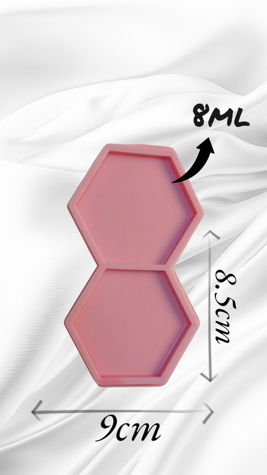 A silicone mold featuring a geometric shape consisting of two hexagonal cavities, available in two different sizes.