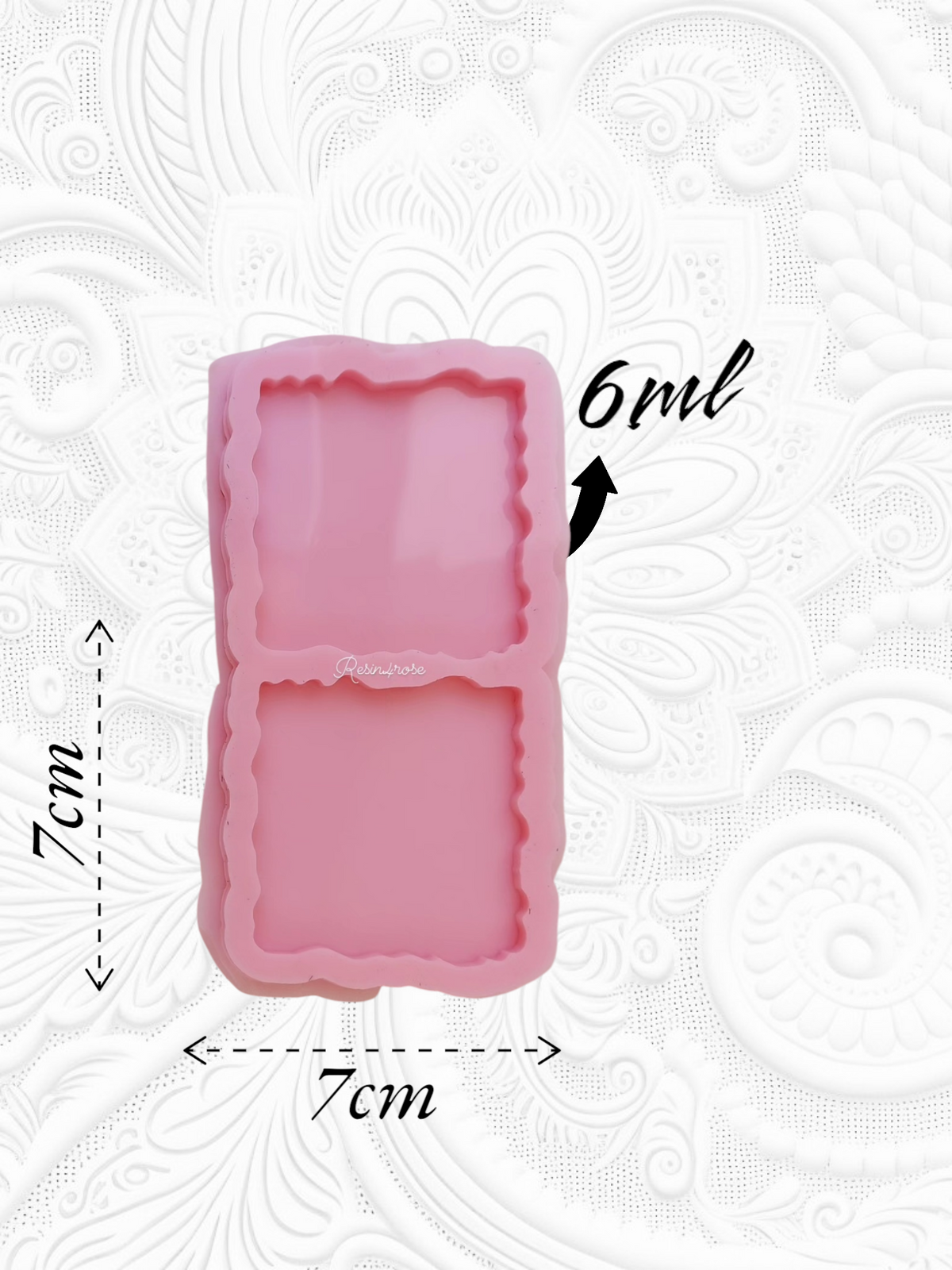 This silicone mold features a wavy rectangular shape divided into two square cavities, ideal for creating two identical pieces at once. Designed specifically for resin, wax, or pottery projects, the mold measures 7*7cm .Depth 8 mm