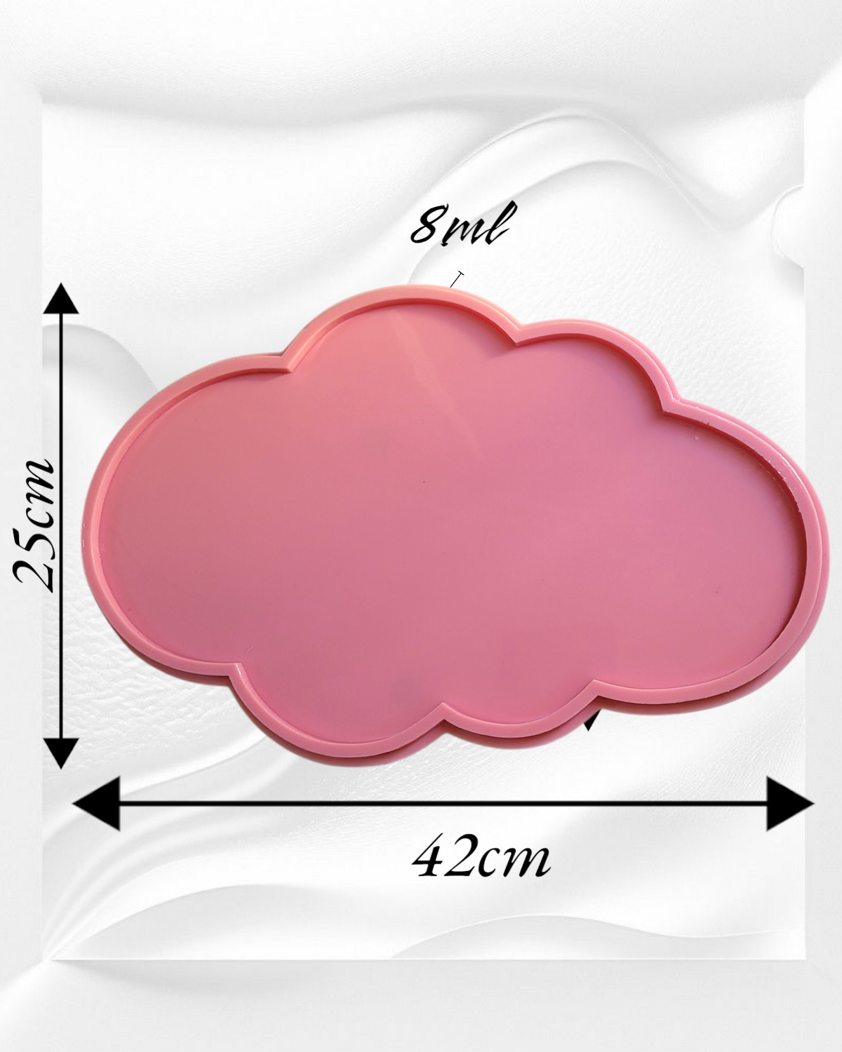 A silicone mold shaped like a cute cloud with interconnected circular curves. It features a wide, flat inner cavity surrounded by a raised, protruding frame to define the cloud shape when poured. Dimensions: 42cm x 25cm, Height: 8ml