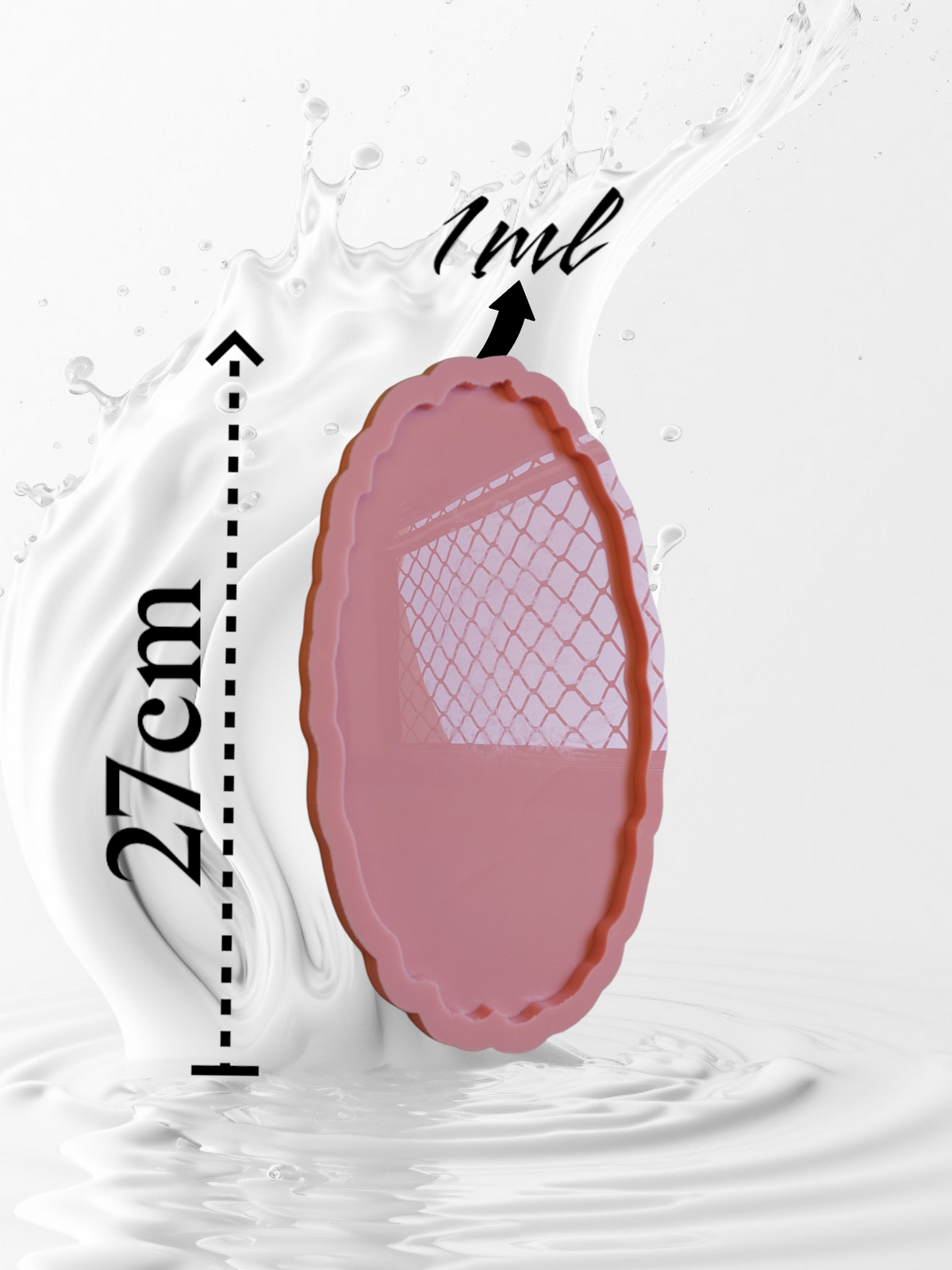 An oval silicone mold with non-straight outer and inner edges, featuring a decorative, wavy pattern resembling flower petals or regular waves. The total length of the mold is 27 cm, and the casting depth is 1 ml.