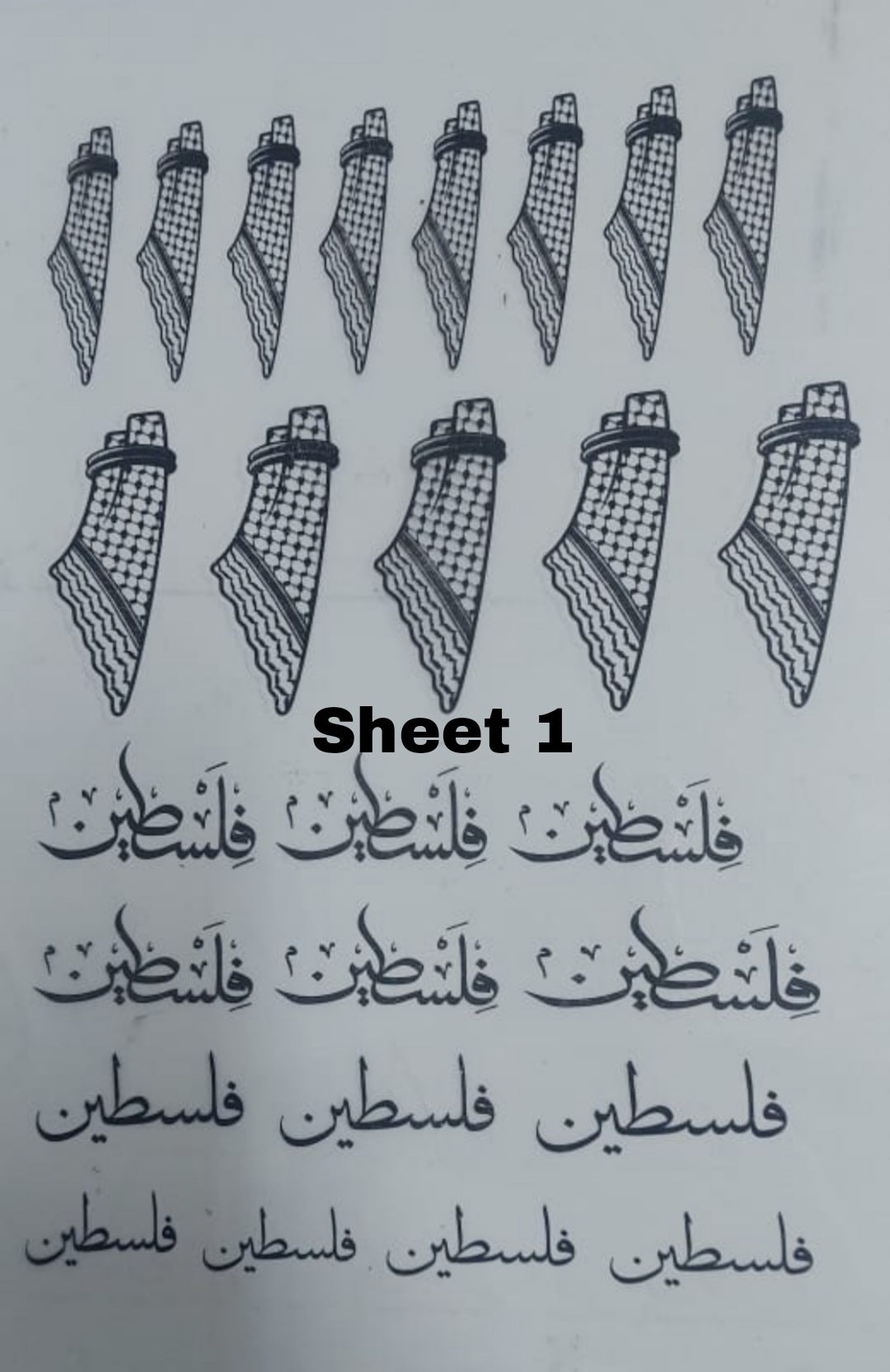 Vinyl or flexible transparent sheet displaying an artwork that combines beautiful Arabic calligraphy with national symbols of the map of Palestine. It is designed in an innovative way and is often used as a template or sticker in craft projects