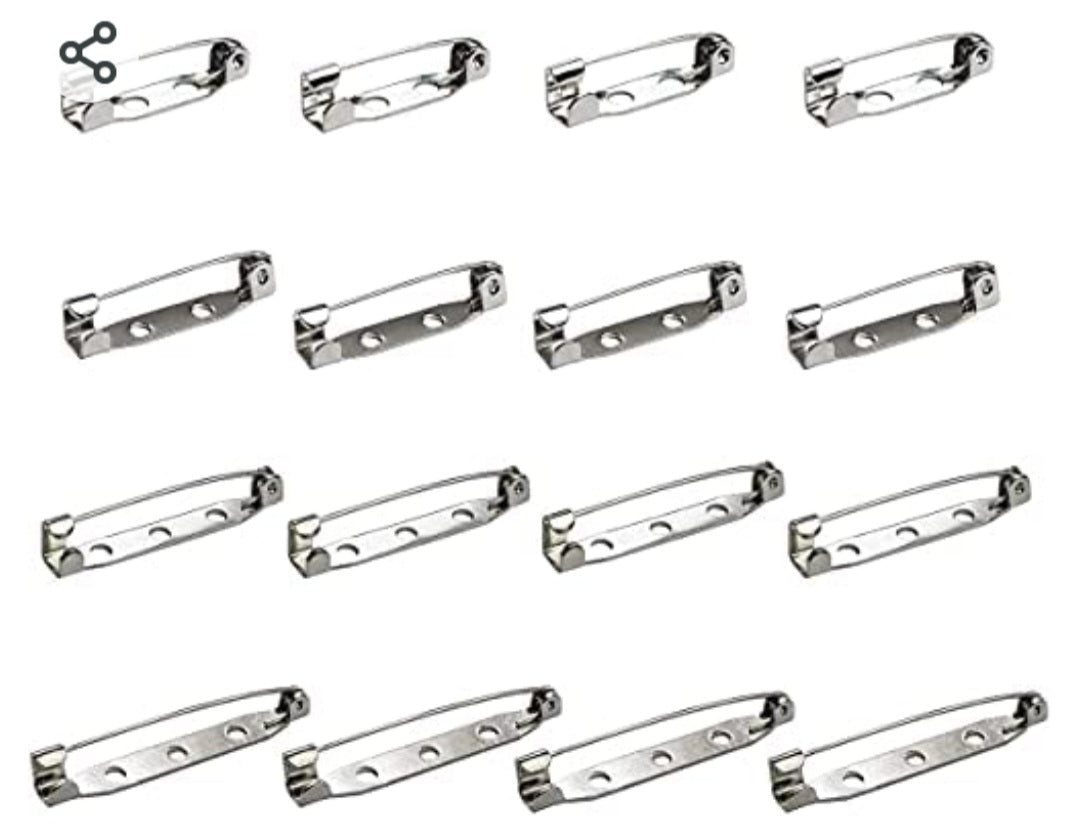 A set of flat-base metal brooch pins used as backings for crafting pins, badges, and handmade brooches, and are very popular for attaching pieces made of resin, polymer clay, or acrylic and turning them into wearable brooches