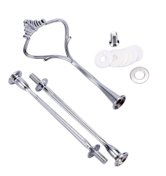 Metal serving tray holder set used for mounting and assembling multi-tiered dessert and cake trays (up to 3 tiers)