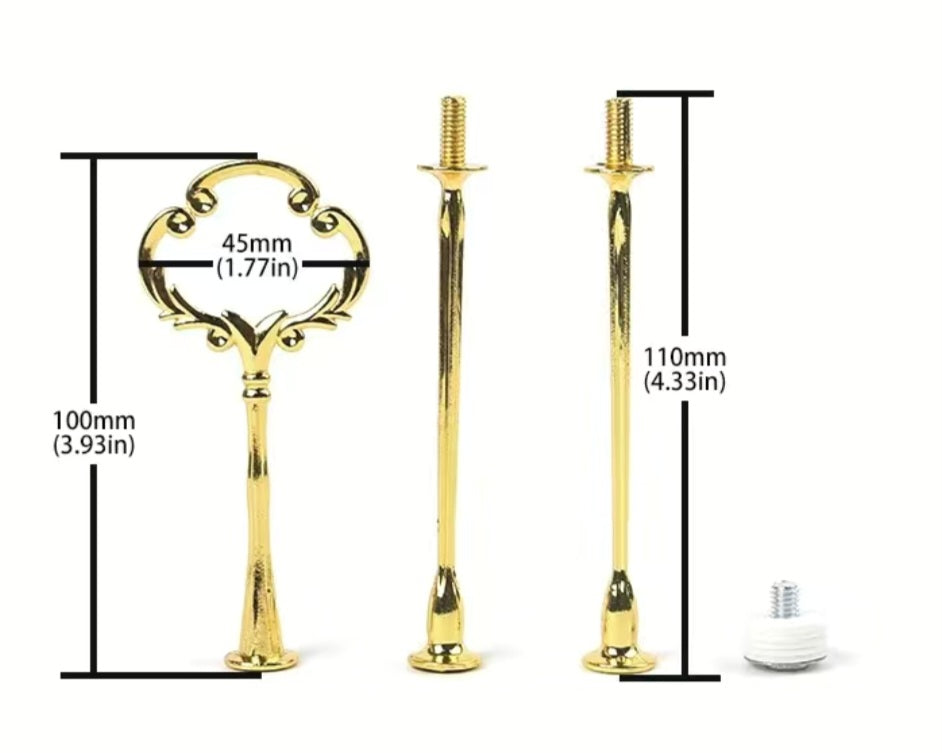 Metal serving tray holder set used for mounting and assembling multi-tiered dessert and cake trays (up to 3 tiers)