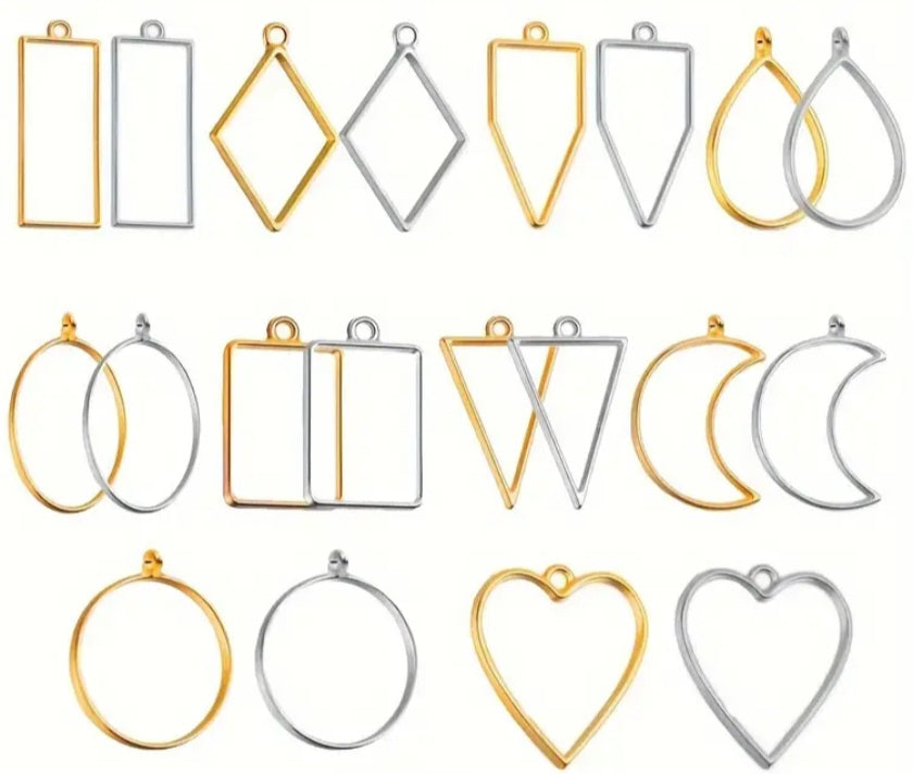 A set of open metal resin frames, which are hollow metal molds used primarily in the manufacture of jewelry and medals using resin
