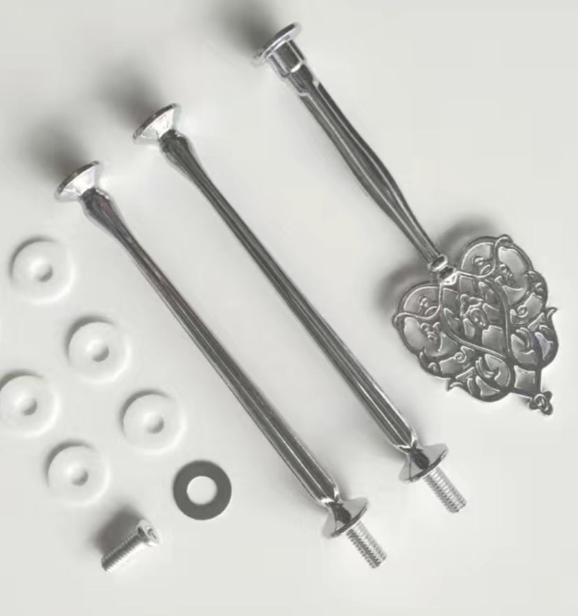 Metal serving tray holder set used for mounting and assembling multi-tiered dessert and cake trays (up to 3 tiers)