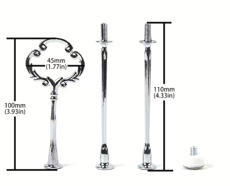 Metal serving tray holder set used for mounting and assembling multi-tiered dessert and cake trays (up to 3 tiers)