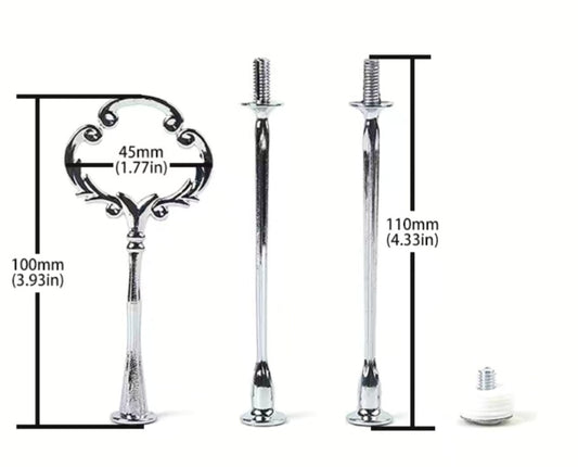 Metal serving tray holder set used for mounting and assembling multi-tiered dessert and cake trays (up to 3 tiers)