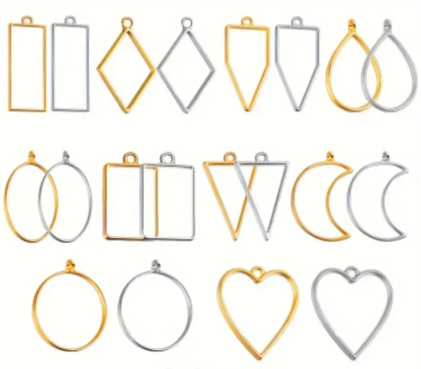 A set of open metal resin frames, which are hollow metal molds used primarily in the manufacture of jewelry and medals using resin