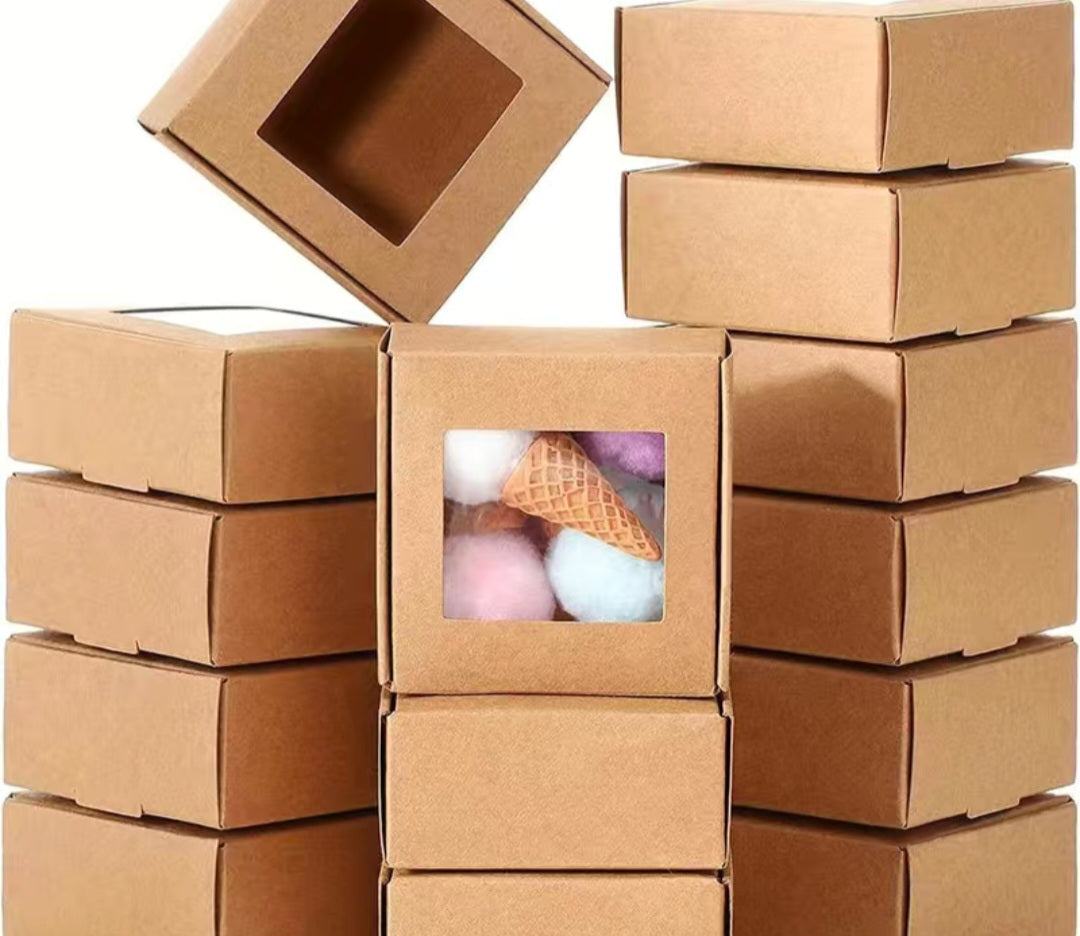 A luxurious and practical collection of packaging boxes made from natural kraft paper, featuring a transparent rectangular window that allows the products inside to be clearly and attractively displayed without the need to open the box
