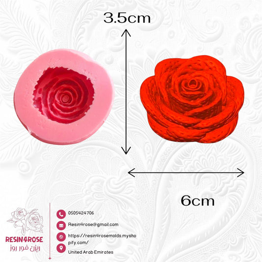 A silicone mold designed for crafts such as resin, wax, or pottery, shaped like a rose with rich petals, measuring 3.5 x 6 cm.