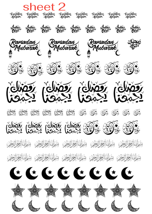 Printing on transparent paper or stickers Ramadan designs featuring a diverse collection of Islamic calligraphy and phrases in Arabic and English script