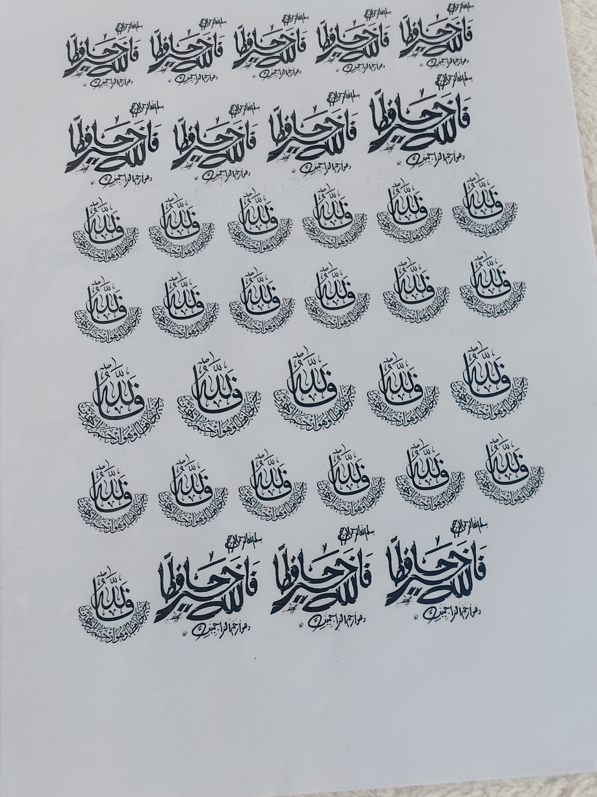 Transparent printed paper or stickers containing prayers. This type of repeated text is used to be placed inside the included resin molds, or to be glued onto car pendants and medals as handicrafts