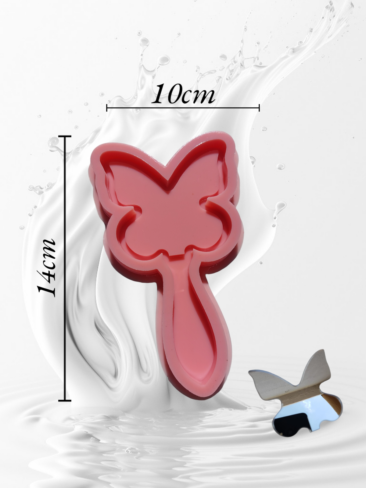 A silicone mold designed in the shape of a large butterfly at the top, with a long, wide handle attached to its body at the bottom, creating a finished shape resembling a hand mirror. It is used for casting resin, wax, or pottery.